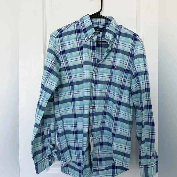 NWT Men’s Small Long Sleeve Button Down Shirt Ralph Lauren Blue Checkered Shirt - Picture 1 of 10